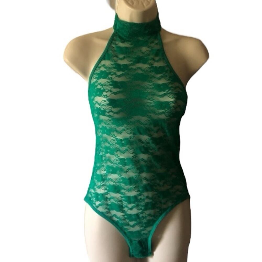Frederick’s Green Lace Bodysuit Small NWT High Neck Open Back Teddy